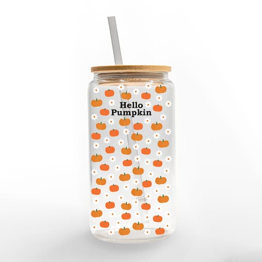 Hello Pumpkin Daisy Pattern 16oz. Glass Can Cup